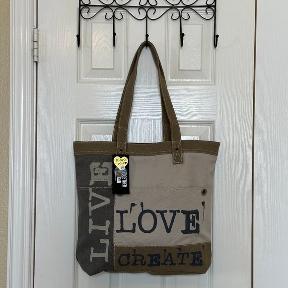 *SOLD* Life is Short "Live, Love, Create" Up-Cycled CanvasTote by Mona B - Picture 2 of 9